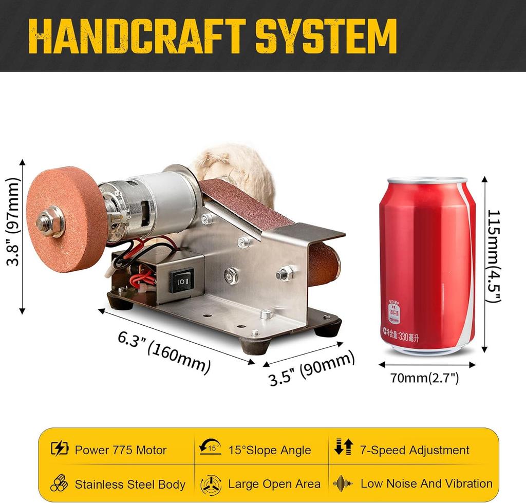3-In-1 Mini Belt Sander - 15 Degree Knife Sharpener Electric Bench Grinder Sanding Machine, 7 Adjustable Speed Buffer Polisher for Metal Wood