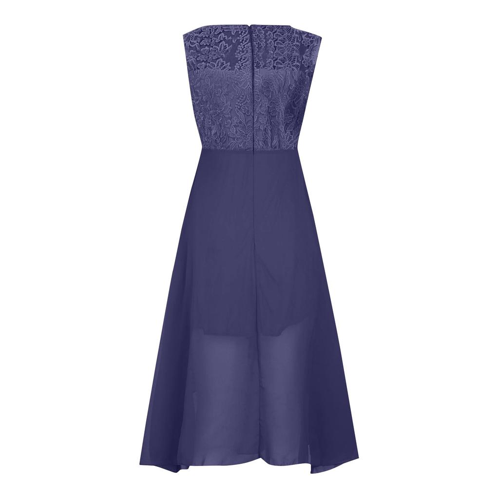 Damekjole Chiffon Elegant Lace Patchwork-kjole Utskjært Ermeløs kjole Brudepike aftenkjole