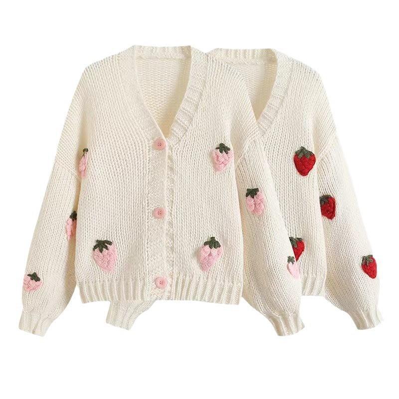 Autumn Womens Clothes Fashion Embroidery Strawberry Knitted Sweater Cardigan Sweet V-Neck Lantern Long Sleeve Loose Cardigans Coat