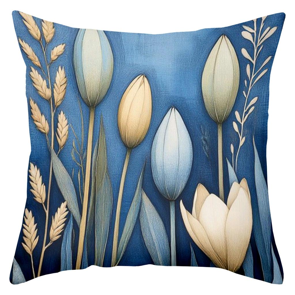 Floral Printed Throw Pillows Blue Beige Decorative Cushions Polyester Pillowcase, Sofa Decorative Cushion Cov Headboard Pillow