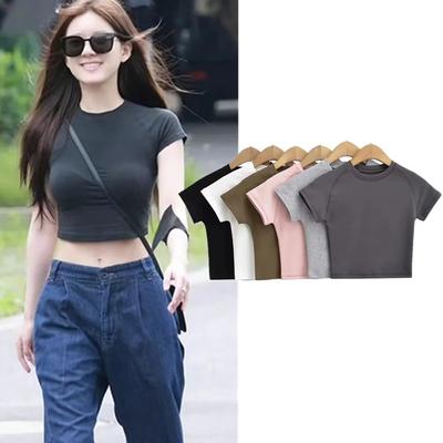 Small Round Neck Exposed Navel Tight Short Sleeved European And American Style Women'S Clothing New Solid Color T-Shirt Spicy Girl Tight Top