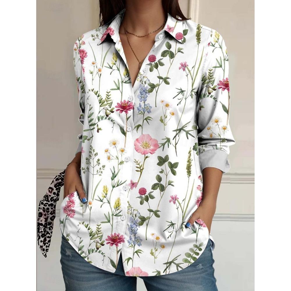 Fashion Women's Casual 3D Flower Prints Blouse Lapel Neck Blouse Women Long Sleeve Shirts Casual Womens Clothing Female Clothing