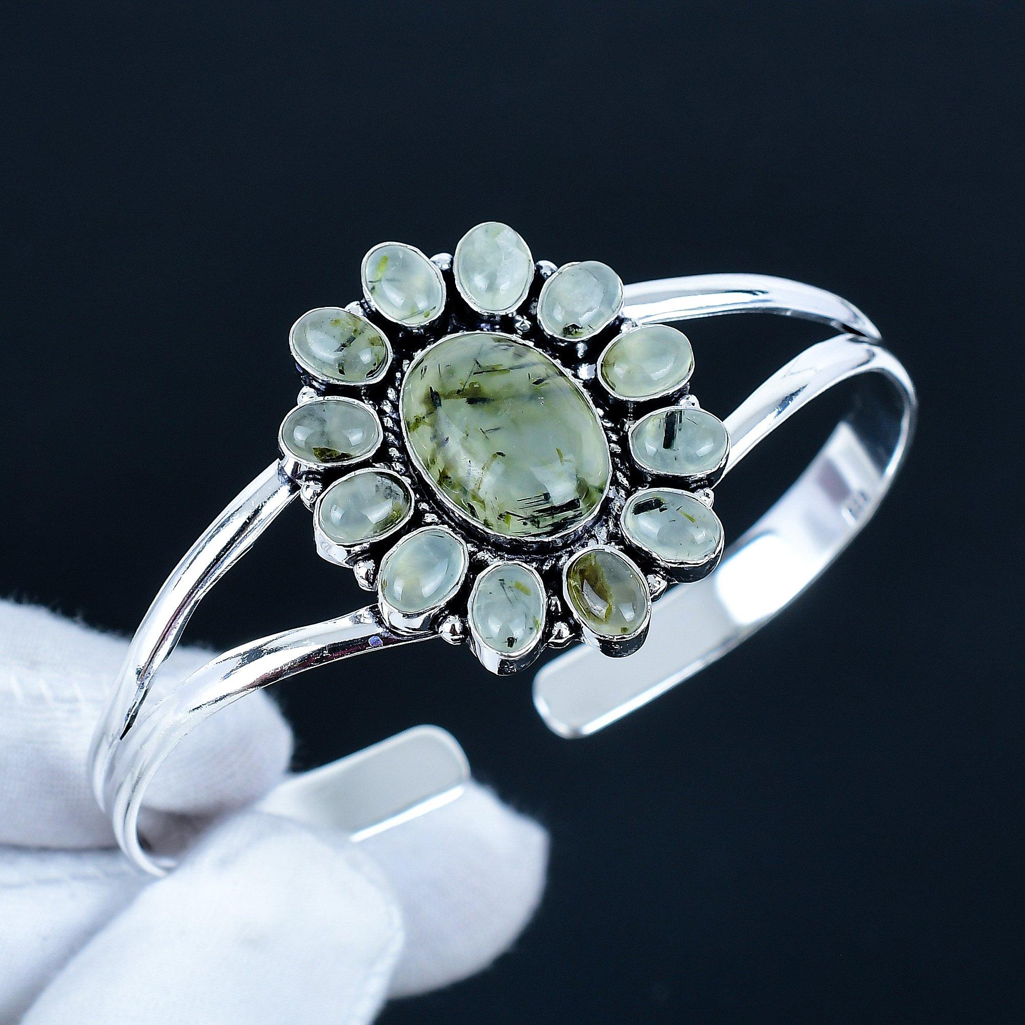 

Natural Prehnite Gemstone Handmade Cuff Bangle 925 Sterling Silver Cuff Bangle, Prehnite Flower Shape Bracelet For Wife, Unisex Bangle Gifts 7 зелёный