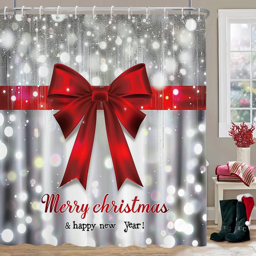 Merry Christmas Tree Bell Print Bathing Curtain Bathroom Shower Curtain,Home holiday Decorative Christmas Curtain with Hooks