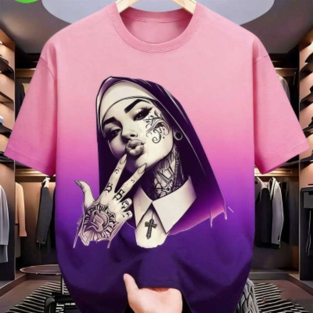 Sommer Mode Bunte Tätowierte Nonne Grafikdruck Damen T-Shirt Sommer Lässig Locker Kurze Ärmel Herren und Damen T-Shirts Oberteil