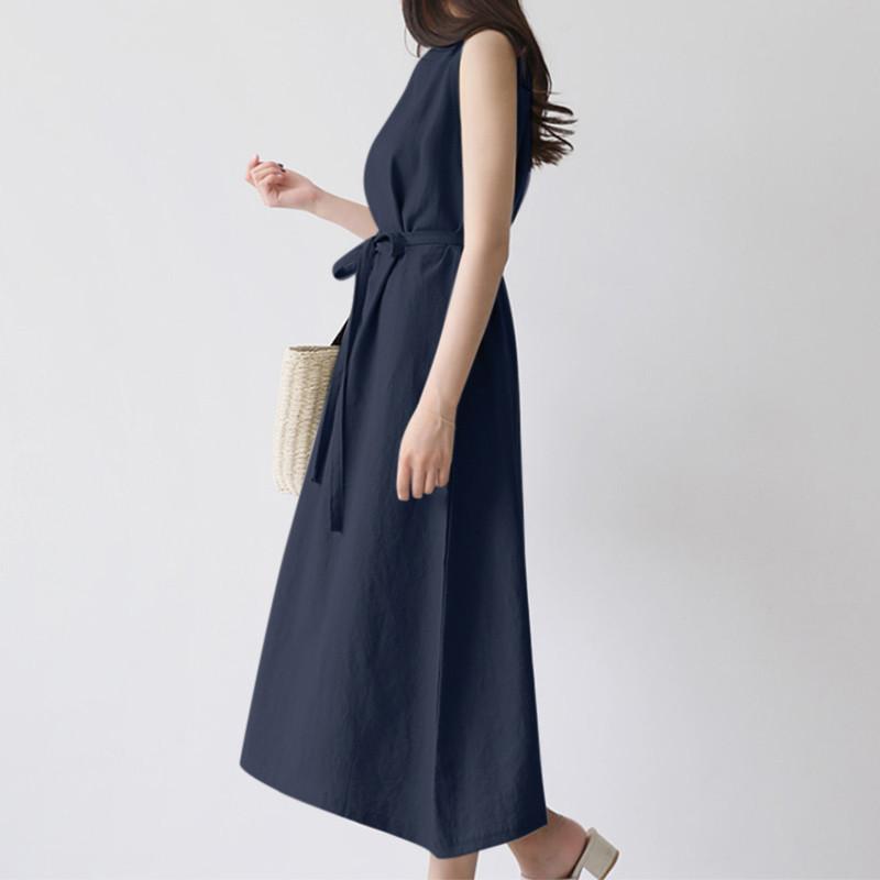 Boho Solid Long Dress for Women Crew Neck Sleeveless Tie Waist Dress Summer Casual Loose Work Vacation Dress Cotton Breathable Lightweight Soft Dress