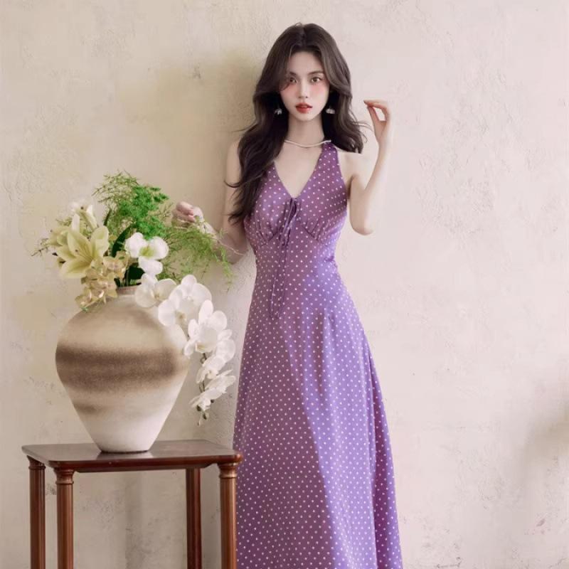 Temperament purple v-neck polka dot neck dress seaside vacation beautiful unique beautiful waist a word long dress S
