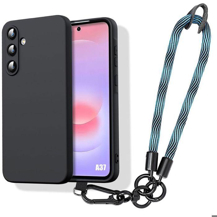 Coque pour Samsung Galaxy A37 5G, Protection Antichoc Silicone Noir avec Bracelet Amovible Bleu