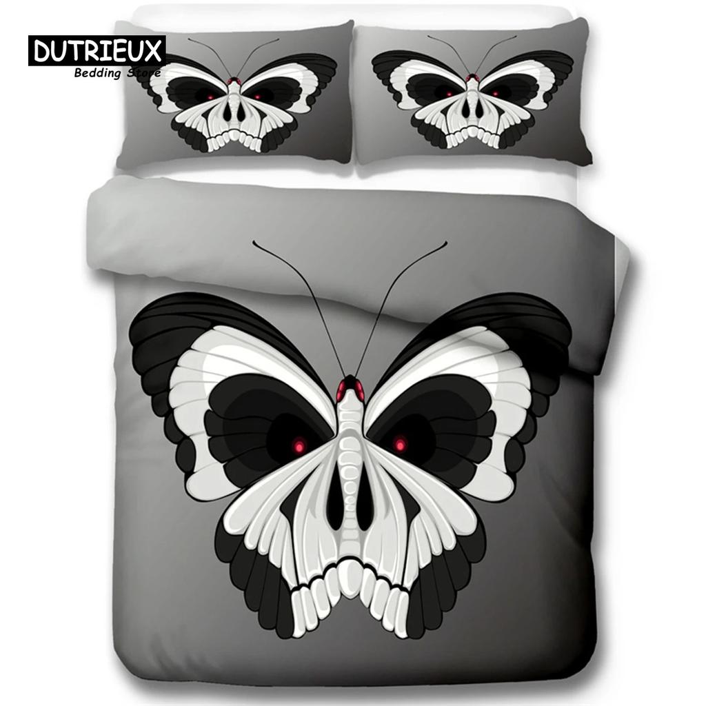 Gothic Skull Bedding Set Decorative Death Moth And Flowers Print Duvet Cover Personalized Skeleton Bones Butterfly Pillowcases