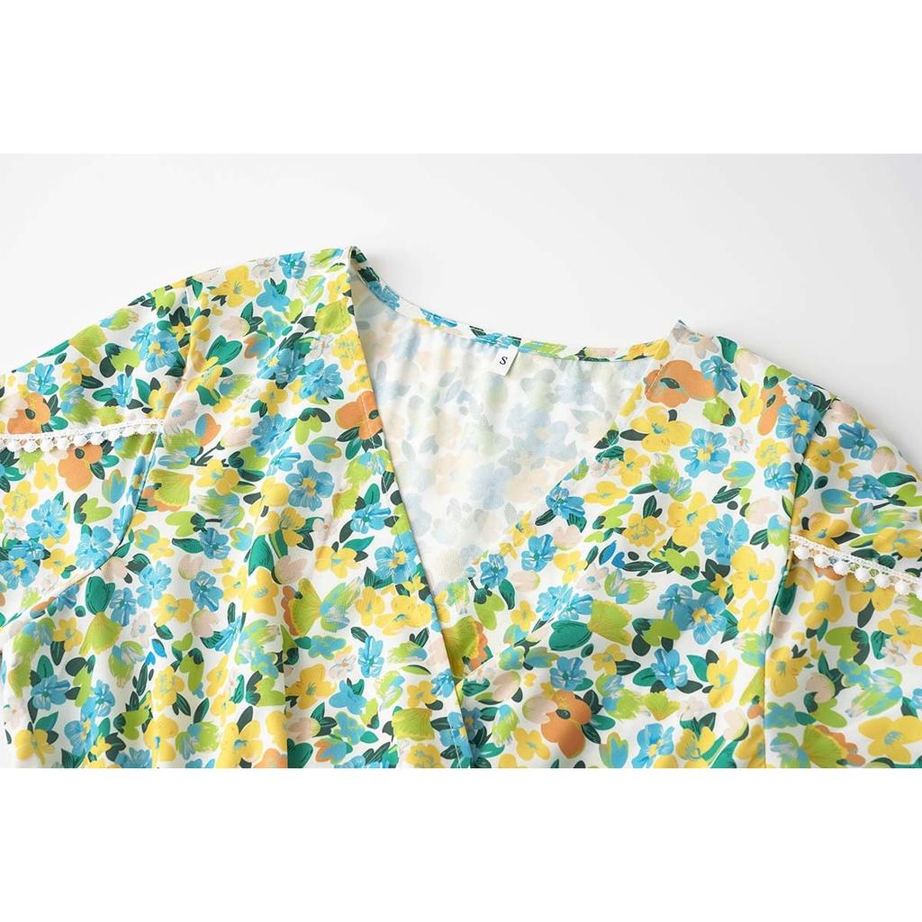 Summer Women's Floral Split V-neck Dress European American Style Casual Fashion Dress