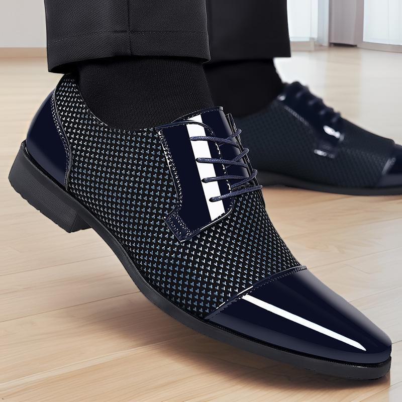

Мужские кожаные туфли с острым носком: Деловой, повседневный, весна/осень, дышащий, британский/корейский стиль, для жениха/свадьбы. 45 темно-синий