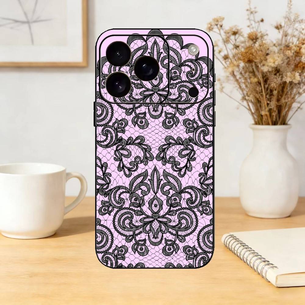 

Black Lace Pattern Phone Case For iPhone 17,16,15,14,13,12,11 Plus,Pro Max,SE4Soft Silicone Black Cover iPhoneXSMAX
