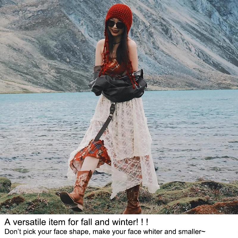 Autumn And Winter Warm Wool Hat Hand-Woven Hollow Bag Hat Women'S Ethnic Style Fringed Ear Protector Knitted Hat