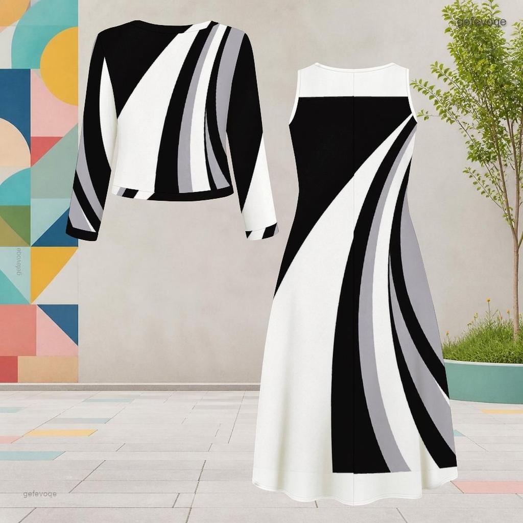 Women Plus Size Two Piece Dress Set Round Neck Long Sleeve Cardigan Sleeveless Dress Black White Floral Printed