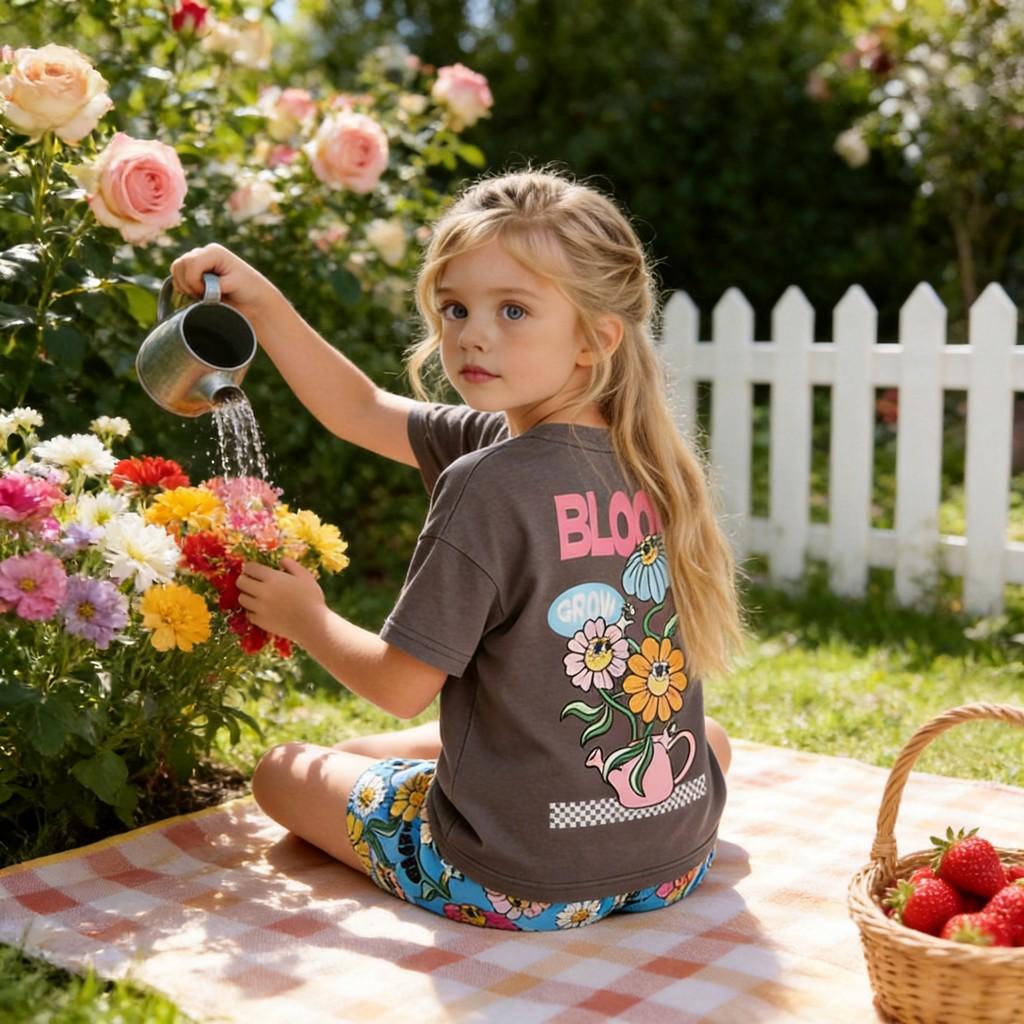 Childrens Cotton Cartoon Short Sleeve Twopiece Set For Girls Summer Playtime Comfort