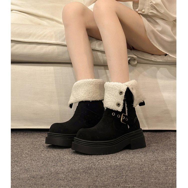 Thick-soled Shoes, Height-increasing Boots, Women's Fleece Warm Boots, Versatile and Retro Ankle Boots
