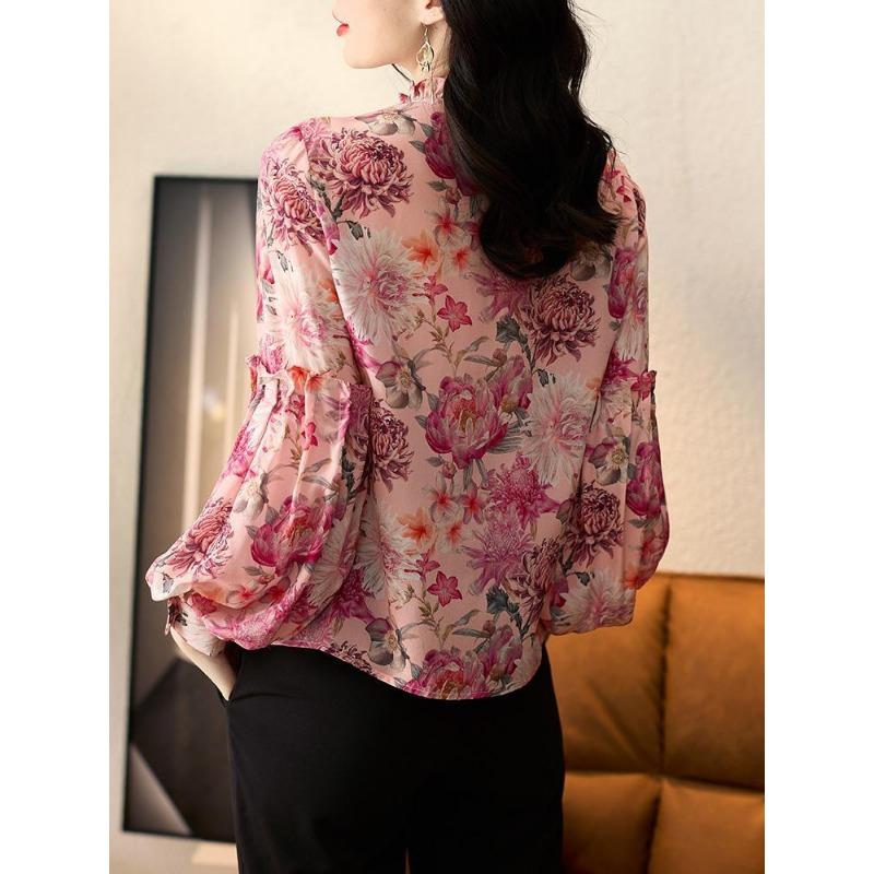 Floral Chiffon Top Women's Small Shirt Ruffled Puff Long Sleeve Blouse Floral Chiffon Top