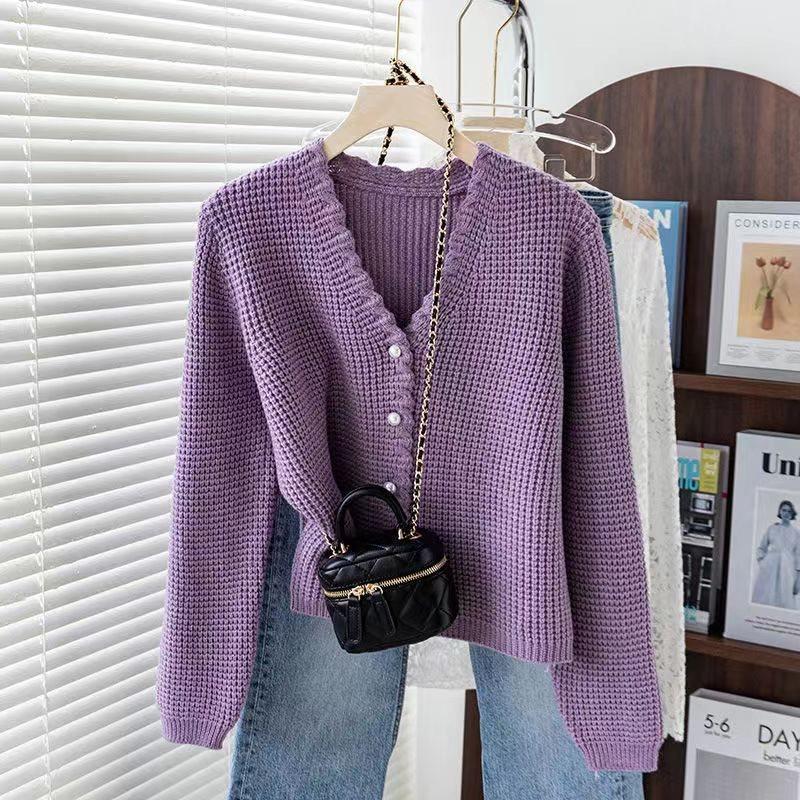 Waffle Knit Cardigan Women Spring Autumn Round Neck Versatile Sweater Fashion Top