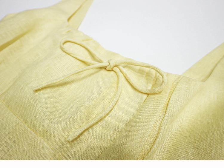 In Stock: 2025 Summer Yellow Linen Square Neck Mid-Length French Vacation Dress