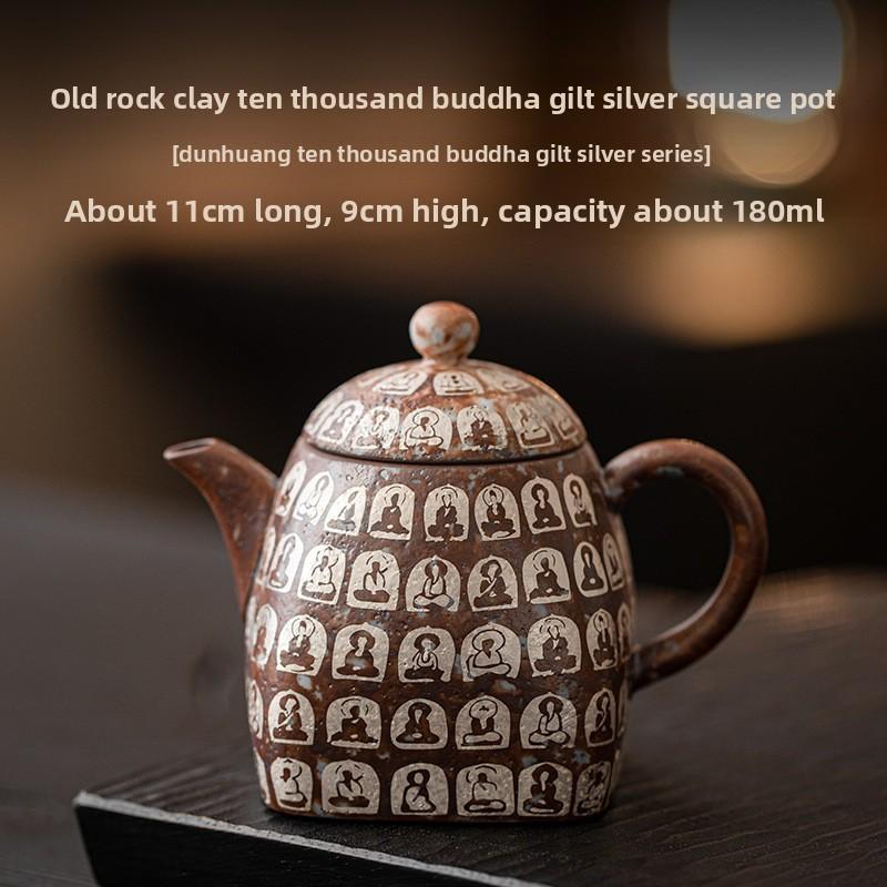 Dunhuang Ten Thousand Buddhas Silver Gilded Ceramic Gongfu Tea Set Chinese Traditional Yixing Teapot Gift Home Decor