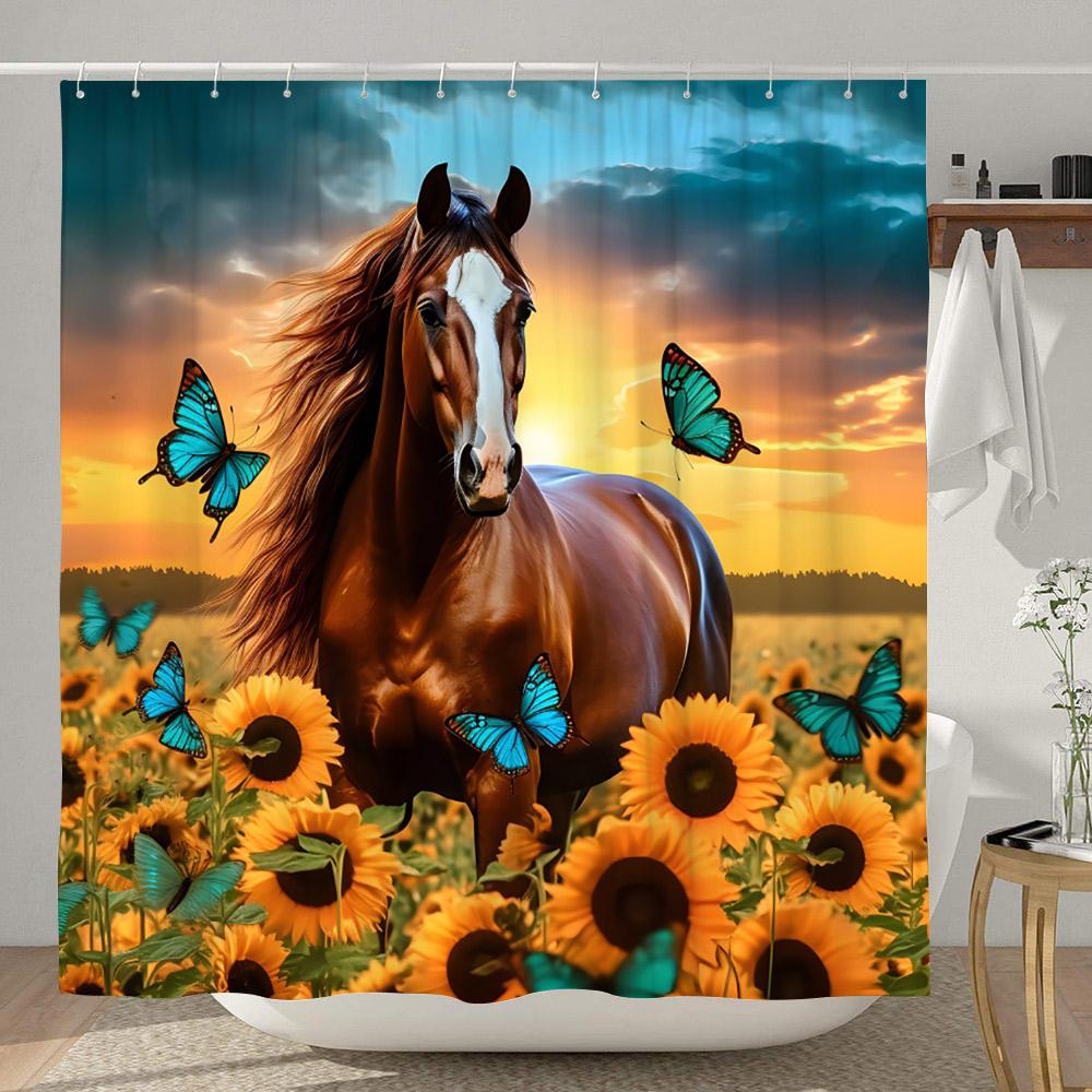 Farm Funny Animals Shower Curtain Highland Cow Cat Sunflower Floral Rustic Country Home Polyester Fabric Curtains Bathroom Decor