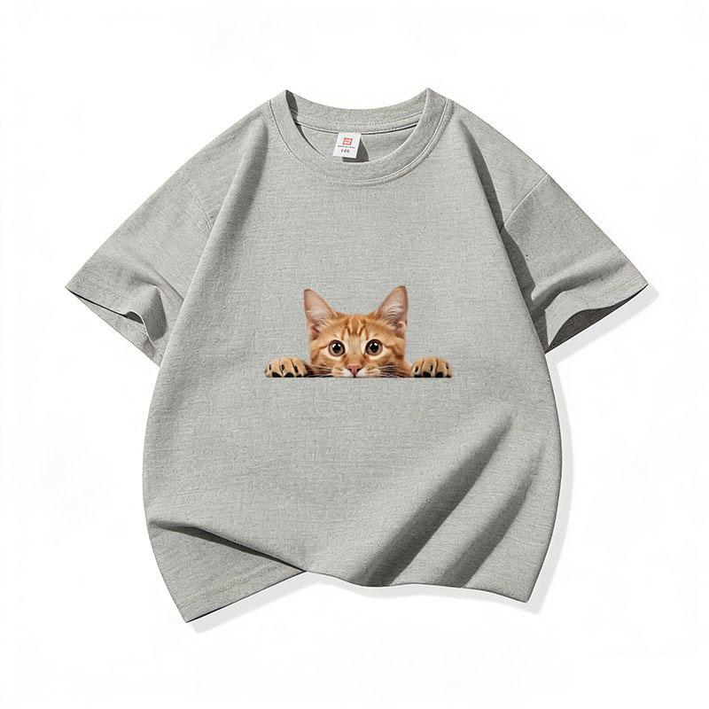 Kids Cotton T Shirt Playful Peeking Orange Tabby Cat Graphic Crew Neck Short Sleeve Tee Casual Breathable Boys Girls Summer Tops