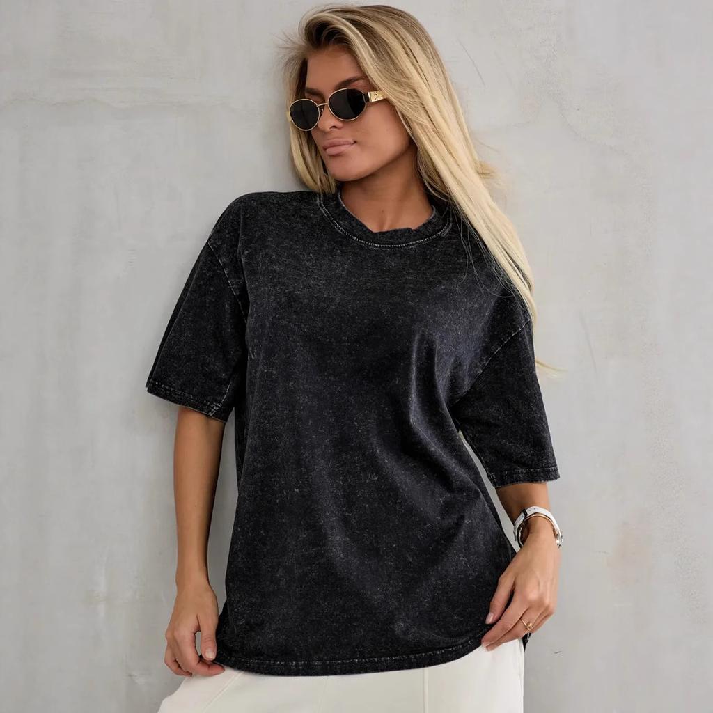 Camiseta Básica de Algodón Lavado Vintage Manga Corta Cuello Redondo Ajuste Holgado Streetwear para Mujer