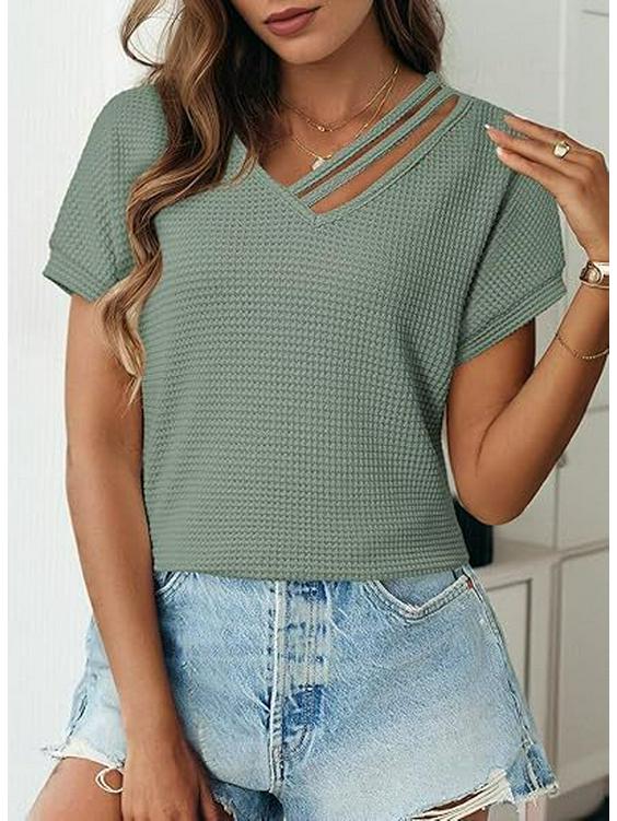 European & American Women's Waffle Knit V-Neck Short Sleeve Shirt