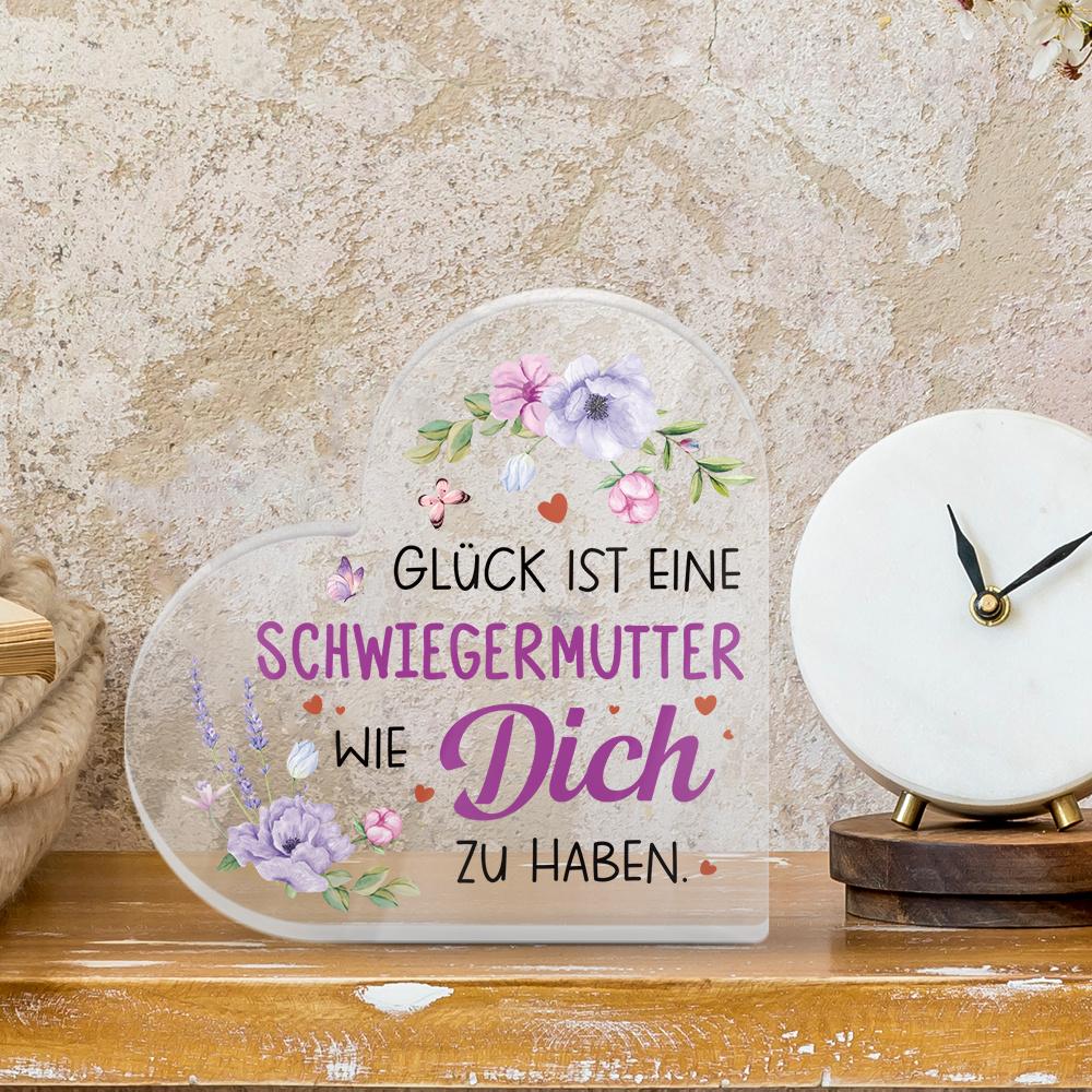 Heart-Shaped Acrylic Tabletop Decoration, "Having A Mother-In-Law Like You Is A Fortune" with Lavender and Rose Floral Patterns, Country Style Living