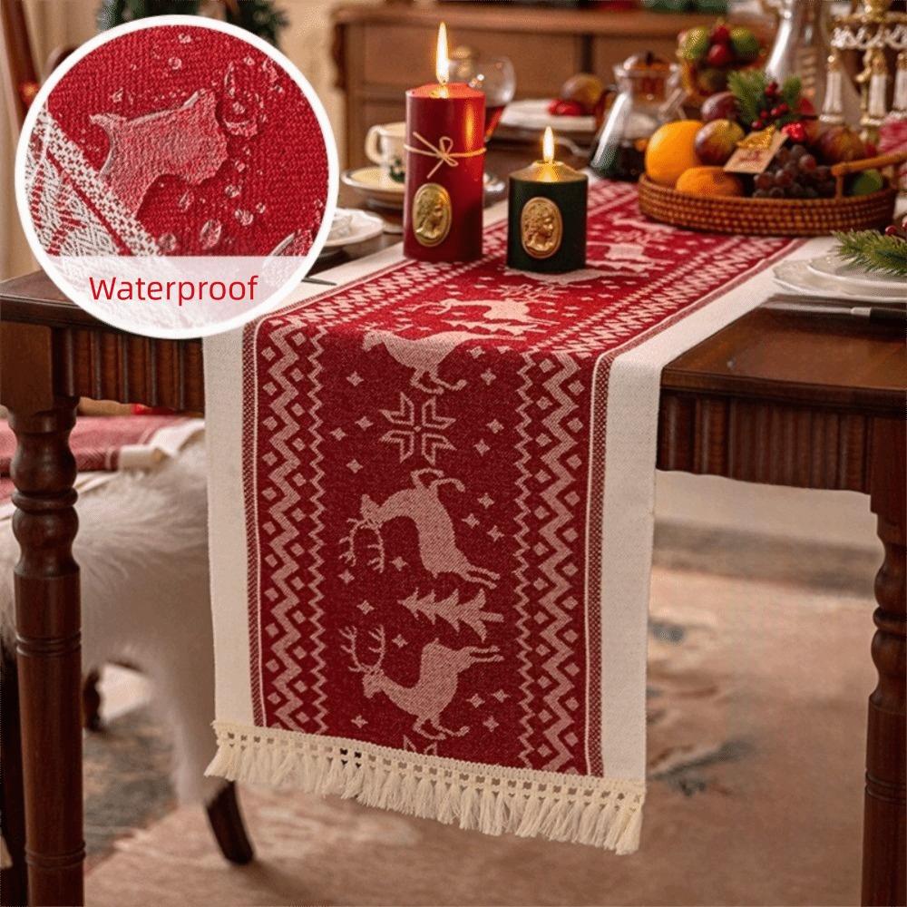 

Polyester Christmas Table Runner Cartoon Pattern Santa Claus Pattern Table Flag Multi-Color Tassel Snowflake Pattern