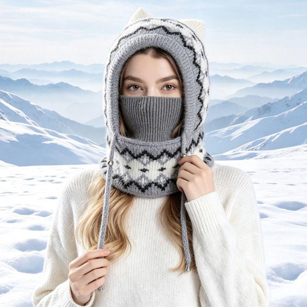 Integrated Warmth Knitted Beanie Hat Knitted Hooded Cap Cute Winter Hat with Scarf  Outdoor Sports