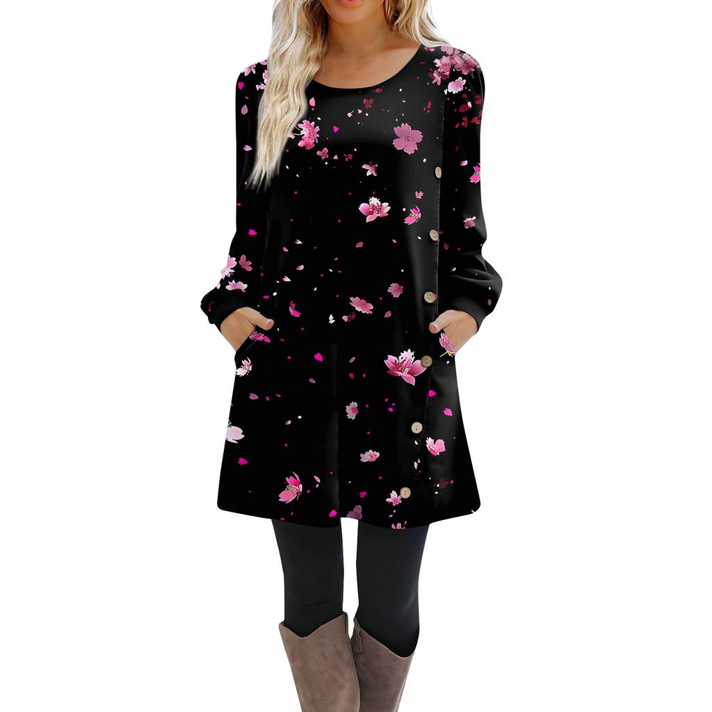 Damen Langarm A-Linien-Kleid Lässiger Pullover Mit Knopf Lockere Passform Kleid Mit Taschen