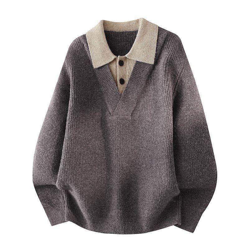 Dongjie No Logo Flus Spring Smoke Color Sweater Men's Fake Two-Piece Long Sleeve Loose Knit Top