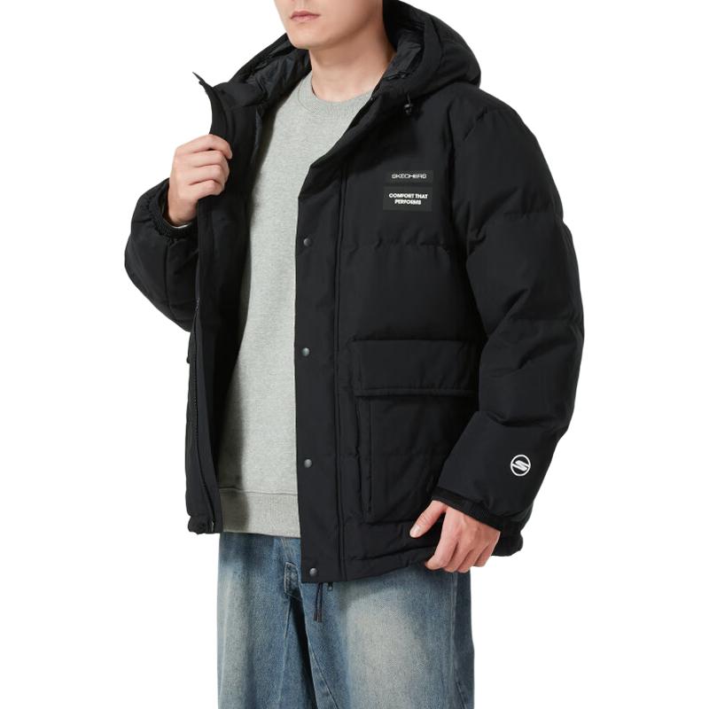 Skechers Basic Sports Series Comfortable Fashionable Warm Hooded Versatile Jacket Down Coat Men outerwear Carbon-Black P424M057-0018