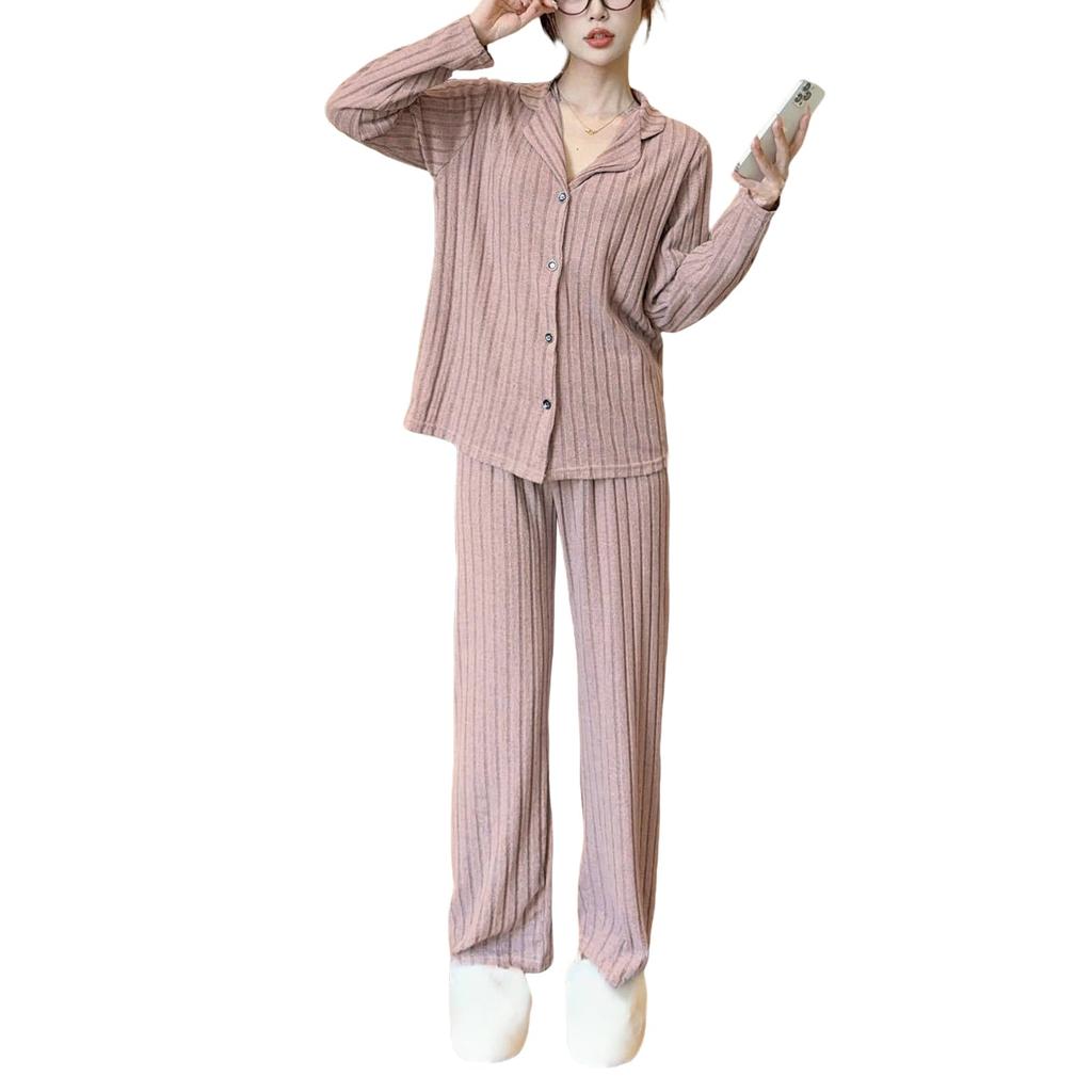 DayaEmmoTQ Striped Long Comfortable to the Korean Top and Bottom and Perfect for Cold Perfect for and Spring Women's Pajamas, Open-Front Lapel, Thin,