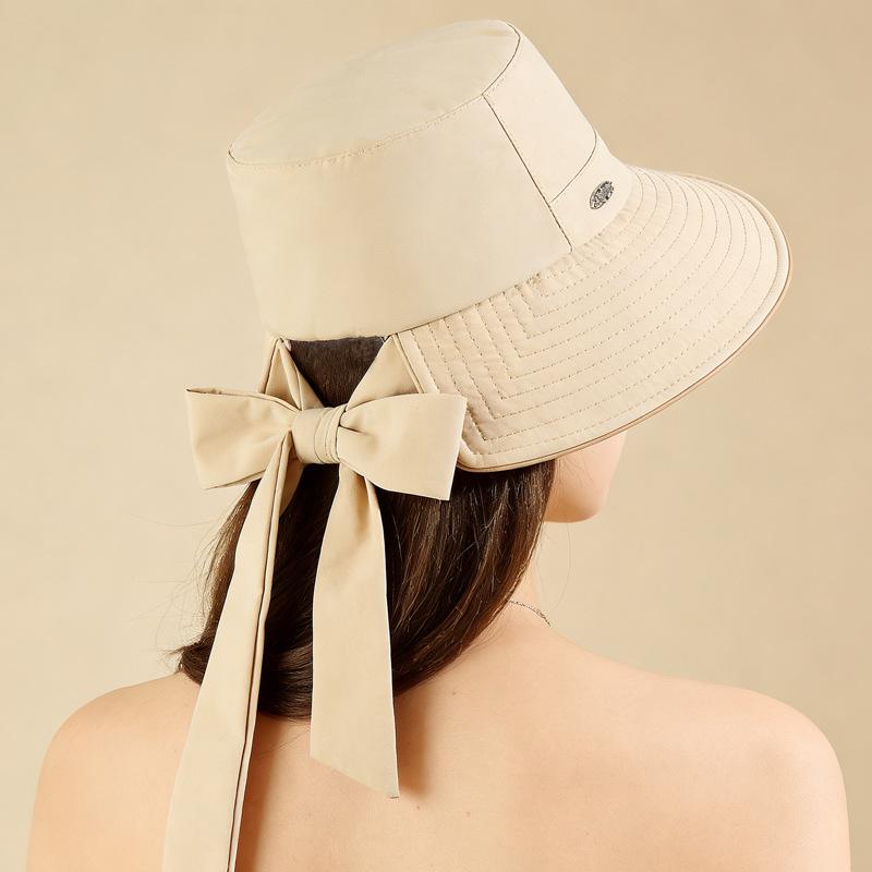Spring and summer light outdoor UV protection large brim bow bucket hat women