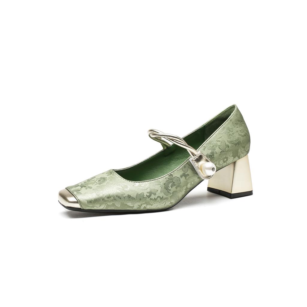 6368-13 Chinese style light luxury embossed silk medium heel single shoes women's 2025 metal square head one-word strap high heels