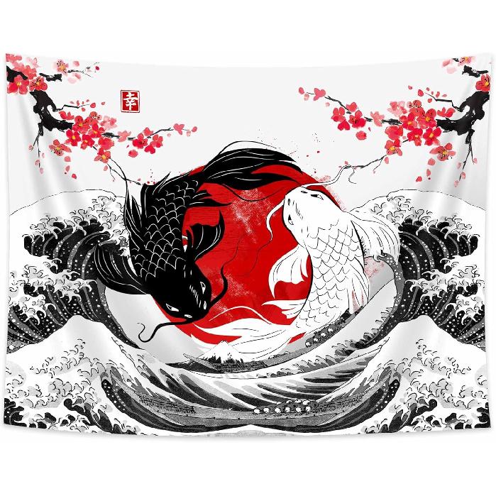 NYMB Japanese Anime Tapestry, Black and White Yin Yang Koi Fish Tapestry for Bedroom Aesthetic, Asian Wave Cherry Blossom Tapestries Poster Beach