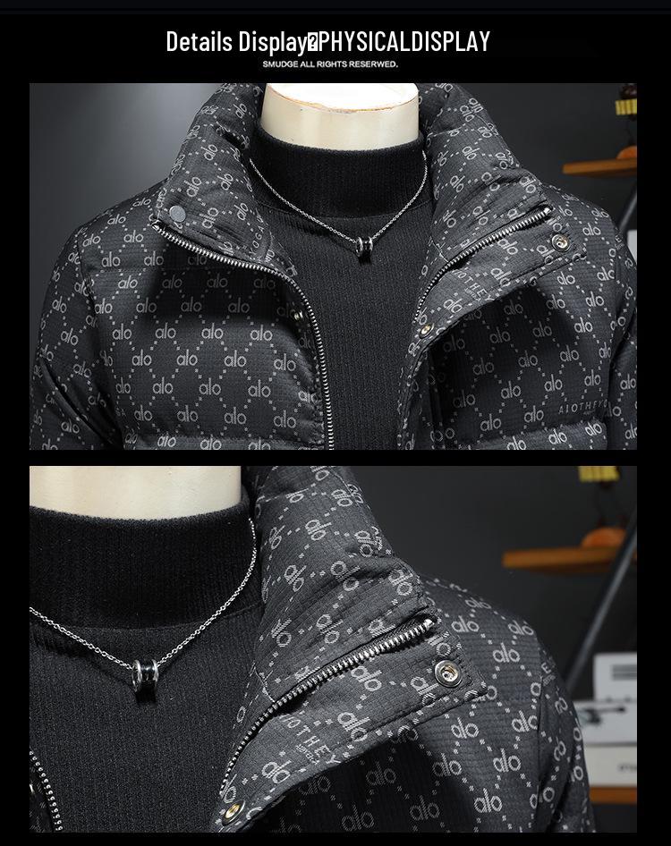 European Men's Stand Collar Winter Down Jacket - Slim Fit, Warm, Trendy Print, High-End Casual Style