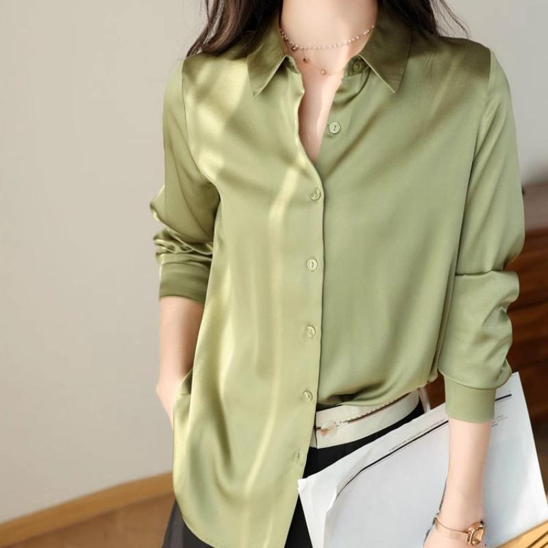 Mote Uformelt kontor Dame satengskjorte Løse lange ermede topper Solid Plus Size Damebluser Elegant Button Up Vintage Enkle Dameskjorter 25678