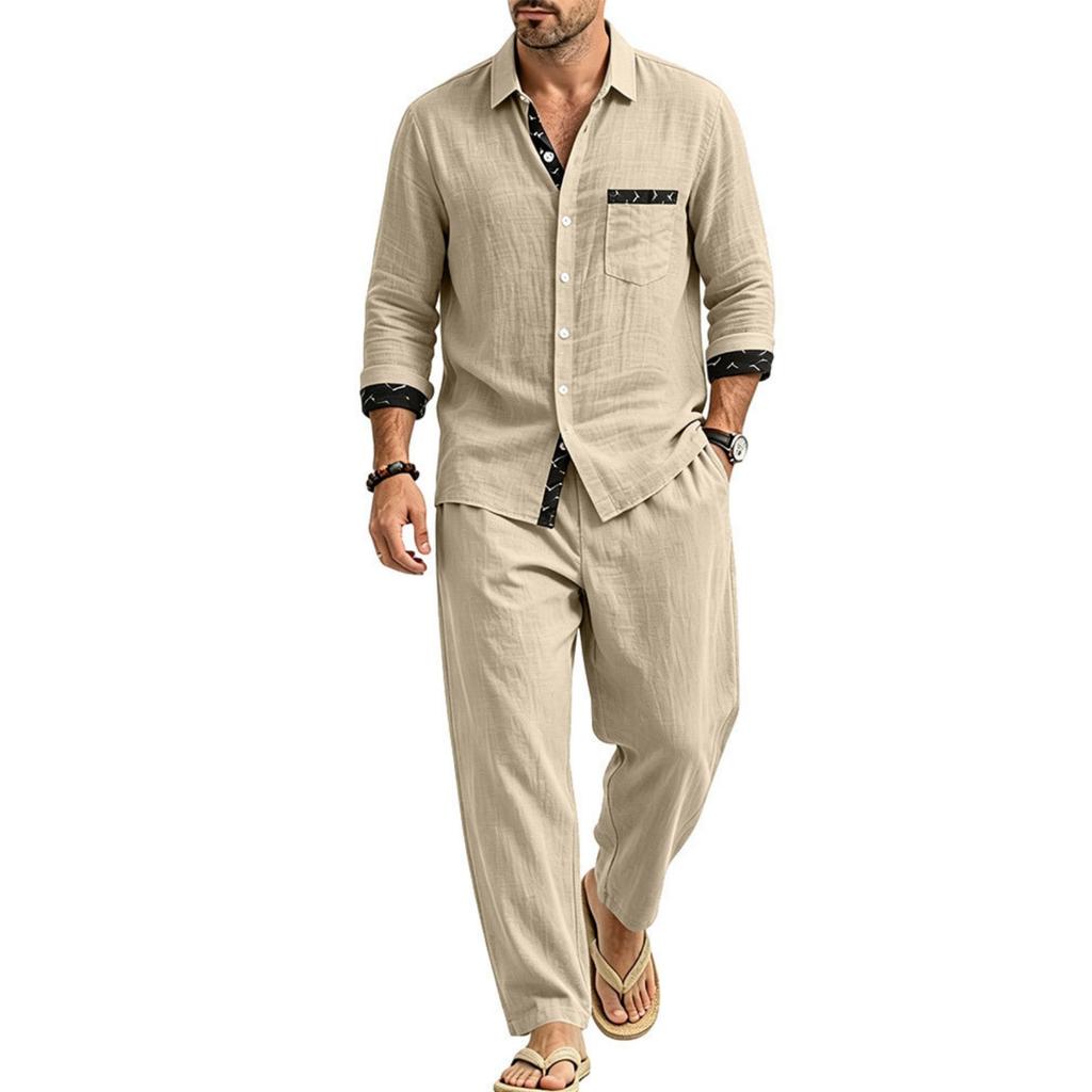 Men's Linen 2-Piece Outfit Lightweight Breathable Color Block Shirt and Straight Leg Pants Loose Fit Casual Set