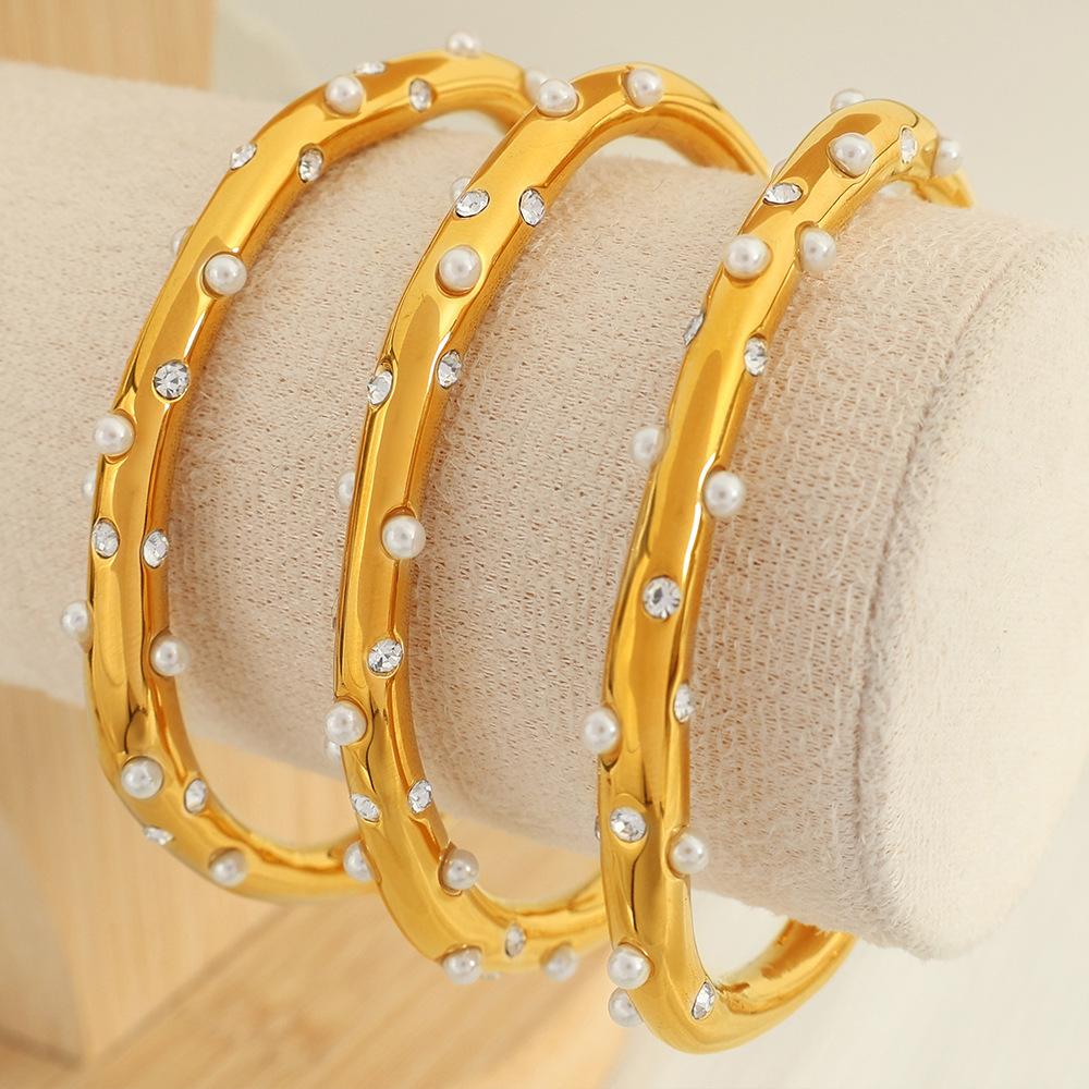 Bracelet Gold Stainless Steel Inlaid Imitation Pearl Irregular Opening Bracelet Light Luxury Versatile