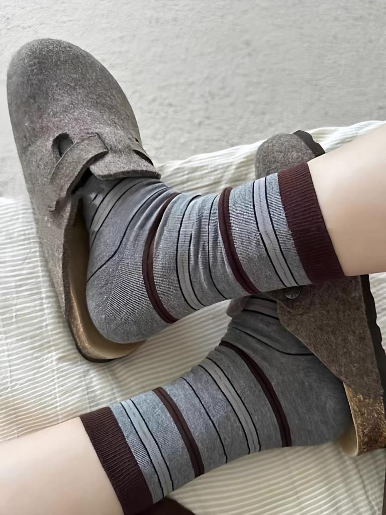 Fashion Blue-Brown Contrasting Striped Socks Autumn Cotton Wrapping Straight Socks Crimped Large Dot Stacked Medium Tube Socks