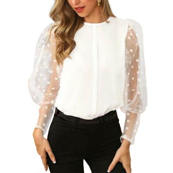 Kvinner Casual Ensfarge Rundhals Dot Mesh Lang Puffermet skjorte Bluse Topp