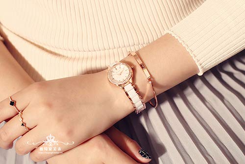 KIMIO K6121 Women's Simple Watch with White Ceramic and Rose Gold Band and Diamond Dial