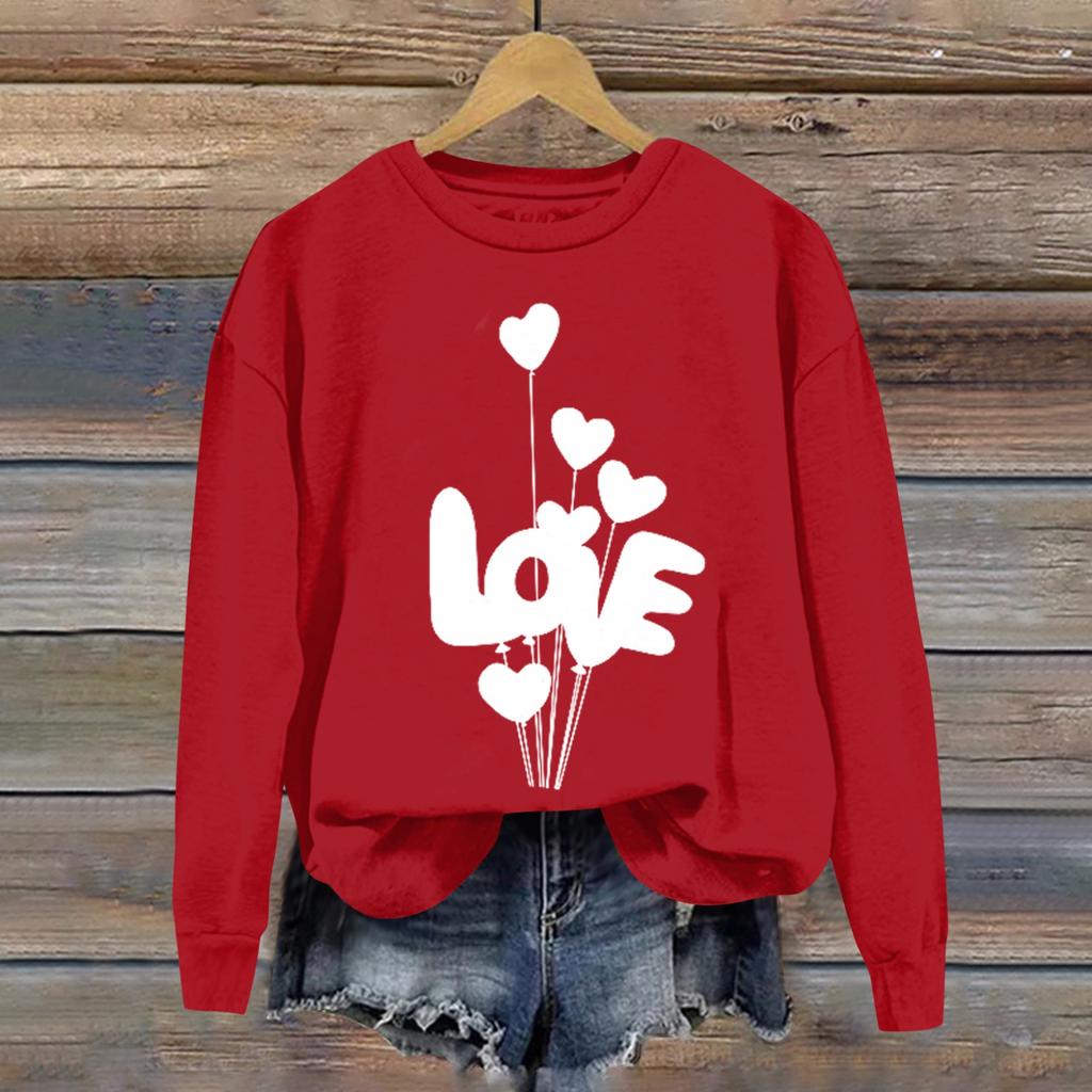 Damskie bluzy z nadrukiem na Walentynki, długim rękawem i okrągłym dekoltem, z nadrukiem ...