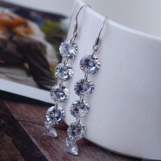Women Bridal Elegant 5 Rhinestones Long Dangle Tassels Hook Earrings Jewelry KTJ