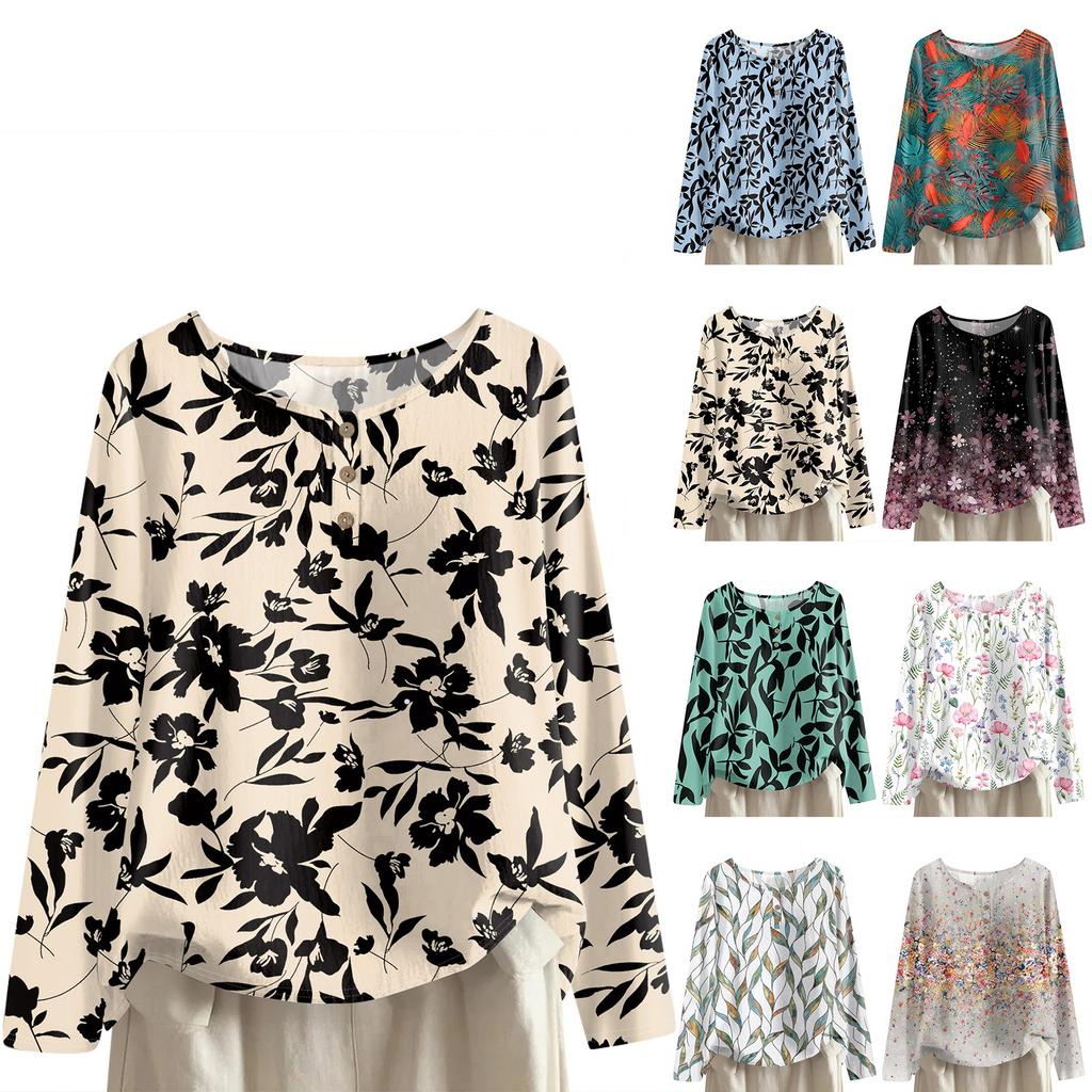 Women's Fashionable And Casual Shirt Long Sleeve Round Neck Solid-color Cotton And Linen Blouse Top