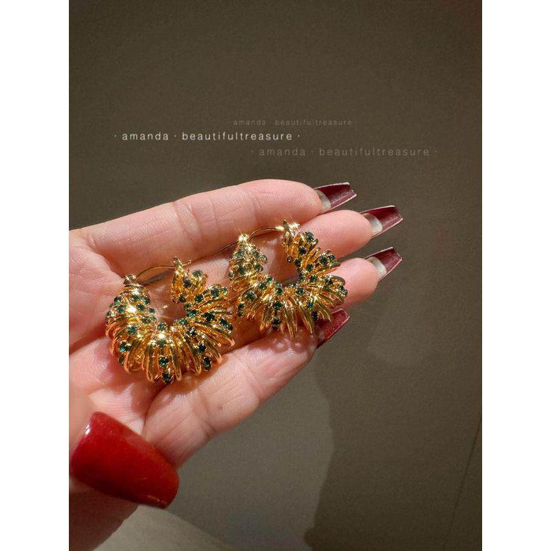 Fancy Exquisite Heavy Industry Green Rhinestone Big Hoop Earrings Gold Ear Ring High-Profile Earrings Fashion Hong Kong Style Earrings