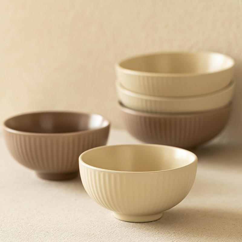 Super Simple Ceramic Rice Bowl European-Style Relief Solid Color Bowl Round One-Person Porridge Noodle Bowl Household Tableware